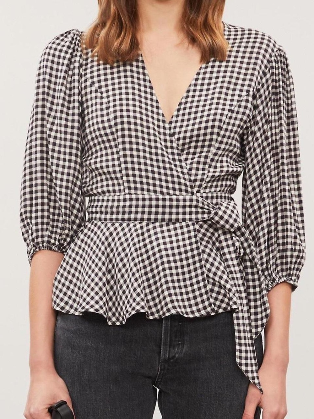 Black and White Gingham Wrap Peplum Top